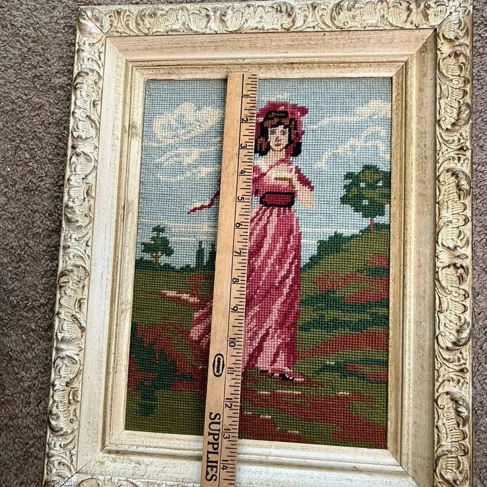 Blue Boy & Pinky Lady Completed Cross Stitch Needlepoint Wooden Frames Vintage